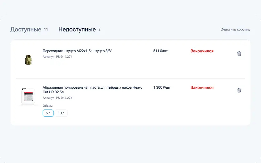 «Доступные» и «Недоступные» для заказа товары с возможностью полной очистки корзины